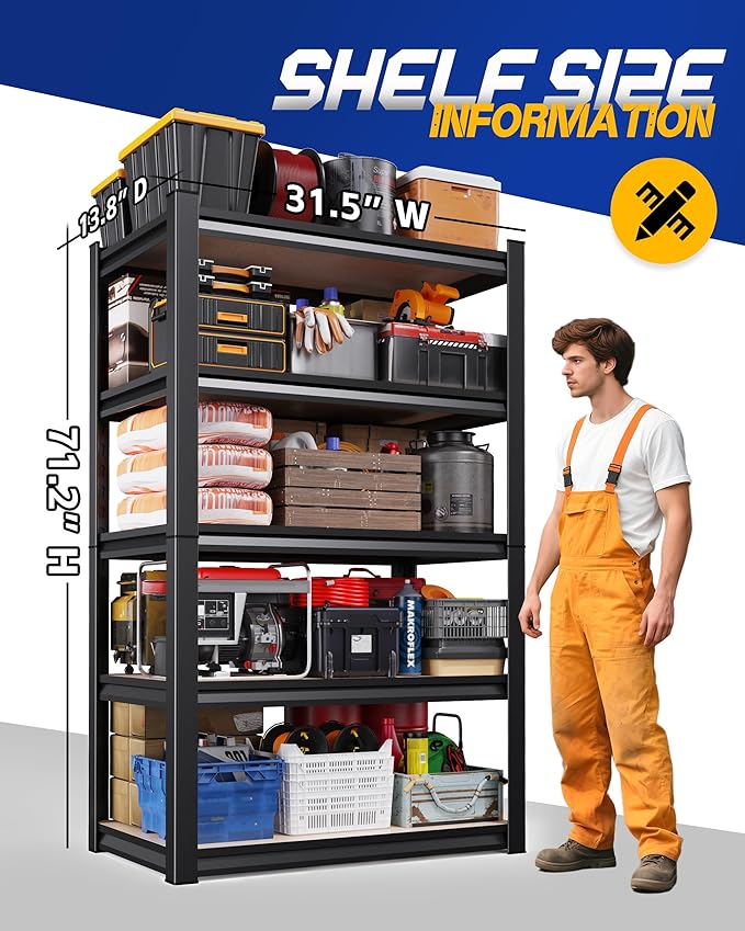 71"H Garage Shelving-5-Tier Heavy Duty Storage Shelves, Adjustable Metal Shelving Unit, Utility Garage Organizer Shelf for Basement, Pantry, Kitchen, Warehouse,13.8"D x 31.5"W x 71.2"H, Black