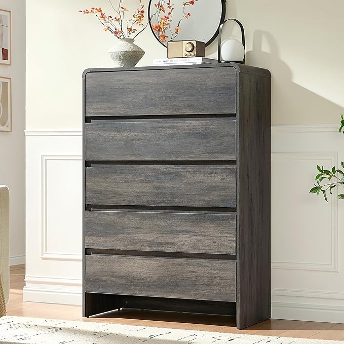AMERLIFE 5 Drawer Dresser for Bedroom, 48" Tall Modern Chest of Storage Drawers with Rounded Corners, Anti-Tip Kit, Wood Cabinet Organizer for Closet, Apartment, Nursery, Easy Assembly, Black