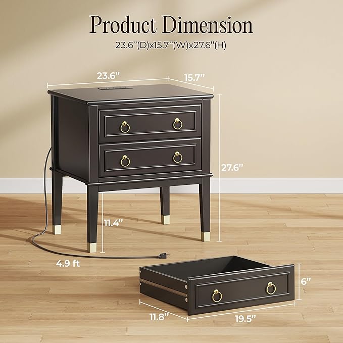 Huuger 27.6 Inch Tall Nightstand with Charging Station, USB-C Port, 2 Drawers Bedside Table, Larger Night Stand with 11.4 Inch Raised Legs, Painted Side Table End Table, for Bedroom, Black