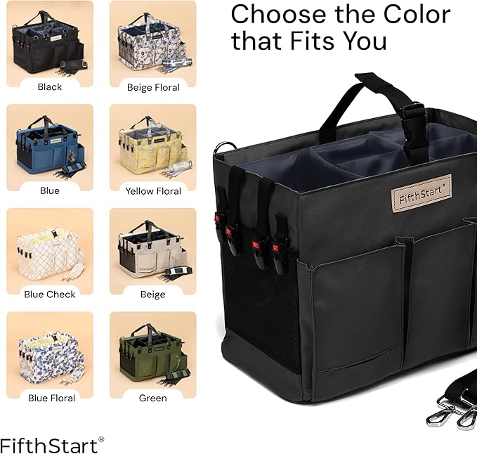 FifthStart Multiuse Cleaning Caddy with Waist & Shoulder Strap - Diaper Caddy & Beach Bag - 9 Pockets & Mesh Base - Adjustable Compartments (Black, Small) - Cleaning Supplies Organizer Bag