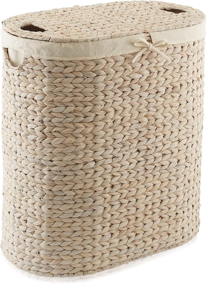 Casafield Oval Laundry Hamper with Lids and Removable Liner Bags - Whitewash, Woven Water Hyacinth 2-Section Laundry Basket Sorter for Clothes, Towels