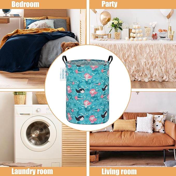 LANGYASHAN Storage Bin, Canvas Fabric Collapsible Organizer Basket for Laundry Hamper,Toy Bins,Gift Baskets, Bedroom, Clothes,Baby Nursery (Round Mermaid)