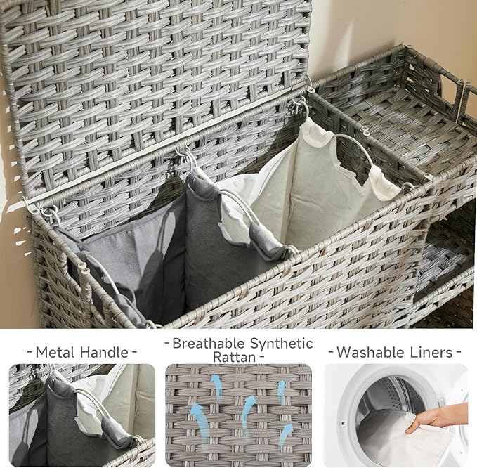 Laundry Hamper with Wheels, 42.3 Gal.(160 L) Laundry Sorter with Shelves, Rattan Clothes Hamper with 4 Removable Liners & 3 Mesh Bags, Handwoven Organizer for bedroom, bathroom, laundry room, Grey