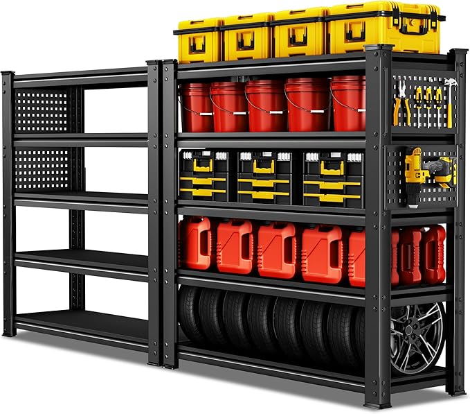 SILVEL 48.2" W Garage Shelving, 5000LBS Heavy Duty Metal Shelving, 2025 Solid Storage Shelves with 2 Side Pegboards, Industrial 5 Tier Shelves for Basement Pantry Warehouse Supermarket, 2 Pack