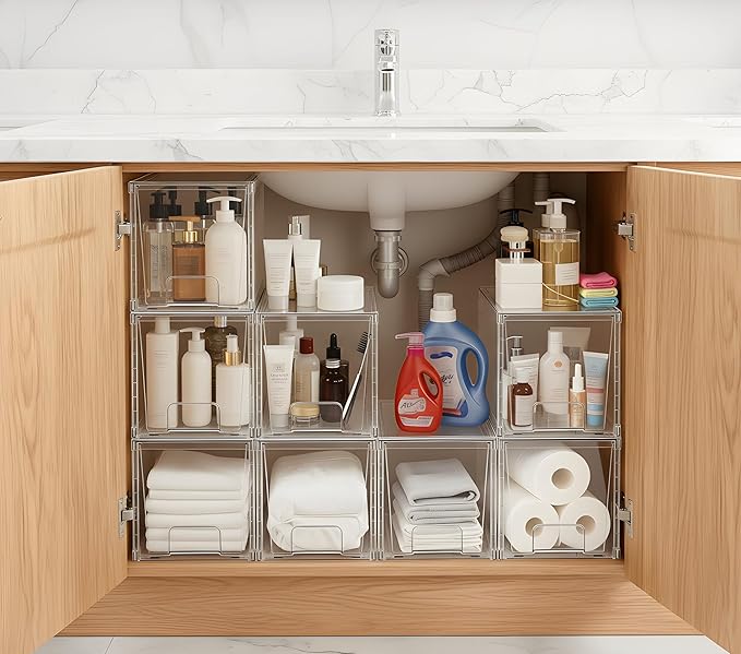 2 Pack Large Stackable Storage Drawers, Acrylic Bathroom Undersink Closet organizers and storage, Clear Plastic Bins for Pantry, Kitchen Cabinets, Makeup, Perfume, Baby Bottles, Medicine Organization