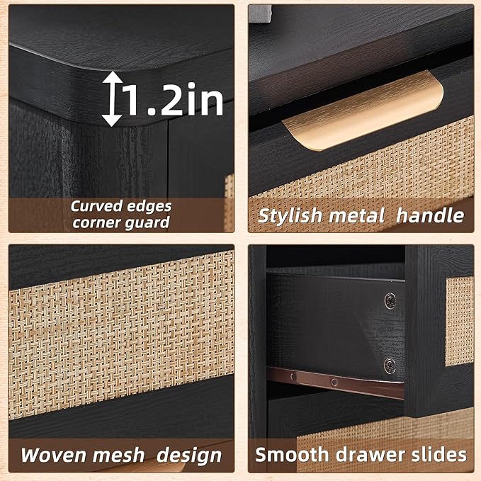 LEYAOYAO Rattan Night Stand with Charger Station, 23" Large 3 Drawer Boho Nightstand, Black Bedside Table Storage Cabinet, Bed Side End Tables for Bedroom, Living Room, Hallway