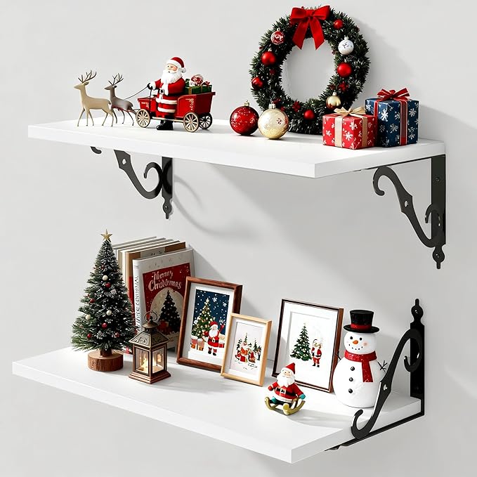 Floating Shelves for Wall, 24"W x 12"D Wall Shelves, 12 Inch Deep Floating Shelf with Bracket, 24 Inch Floating Shelves for Living Room and Bathroom, Display & Storage Shelves, White, Set of 2