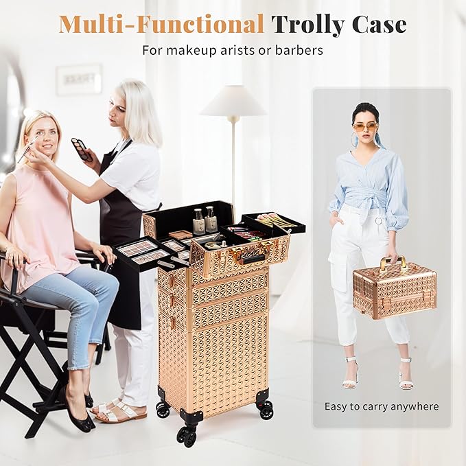 AROUS 5 in 1 Rolling Makeup Train Case Cosmetology Case on Wheels Large Cosmetic Organizer Travel Cart for Hairstylist Artist Nail Beauty Salon Barber,Gold