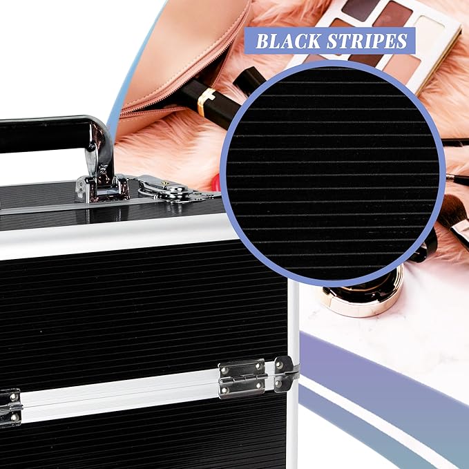 Ver Beauty Makeup Organizer, Cosmetic Travel Kit, Makeup Artist Supplies, 2 Sliding Trays, Lockable Storage Box, Makeup Train Case, Aluminium Case, Lightweight Makeup Vanity (Black Stripes)