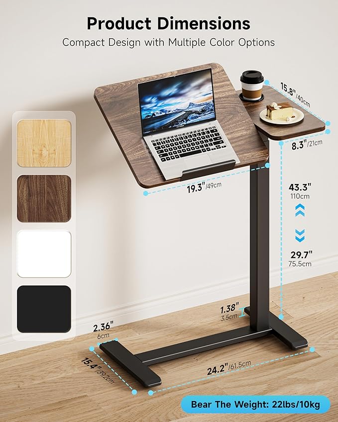 BZIUM Overbed Bedside Table with Hidden Wheels, Adjustable Medical Tilt Top Hospital Bed Table Over The Bed, Rolling Desk Mobile Standing Desk for Hospital&Home Use (Walnut)