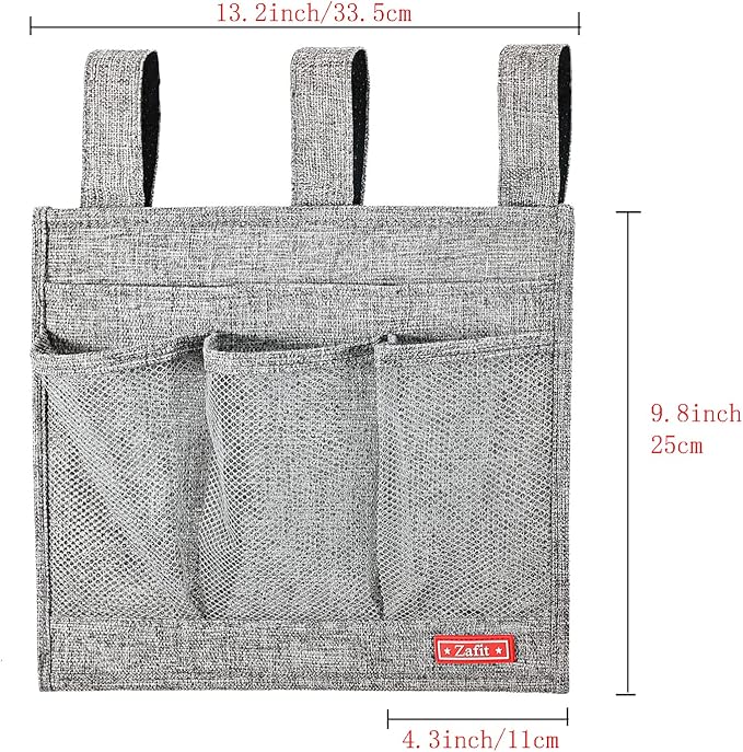 Linen Bedside Caddy, Bedside Storage Organizer for Hospital Beds, College Dorm Rooms or Baby Bed (Classic 4 Pockets Grey)
