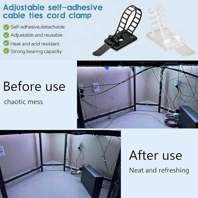 Adjustable 3M Adhesive Cable Management Clips 50Pcs, Large self Adhesive Cable Ties Clips ，Suitable for Cable Management Under desks and on Walls(Black)