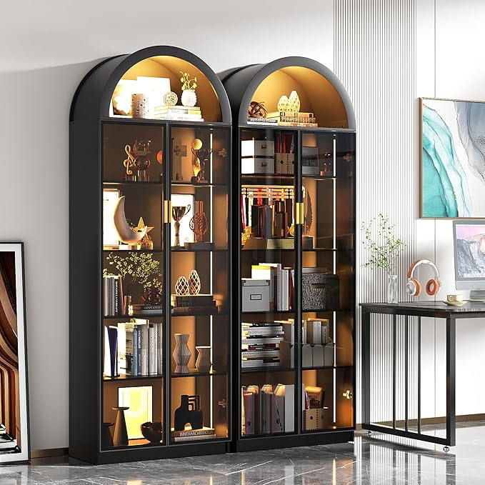 Arch Display Cabinet with Doors and Adjustable Shelves, 76" Tall Curio Cabinet with LED Lights/Storage Space, 6 Tier Display Case Bookcase for Collectibles Bedroom Living Room Office, Black