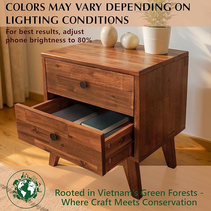 Acacia Silvia Nightstand with 2 Drawers, Solid Wood Bedside Table, Table with Storage Drawers for Bedroom, Bedside End Table with Drawer and Storage Space, Walnut