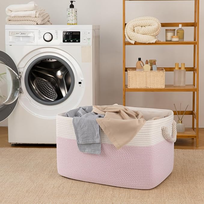 95L Extra Large Blanket Basket with Lid, 24" x 16.9" x 14.2" Woven Storage Basket for Living Room, Rectangle Nursery Blanket Storage for Toys, Towels, Dirty Clothes, Pink & White