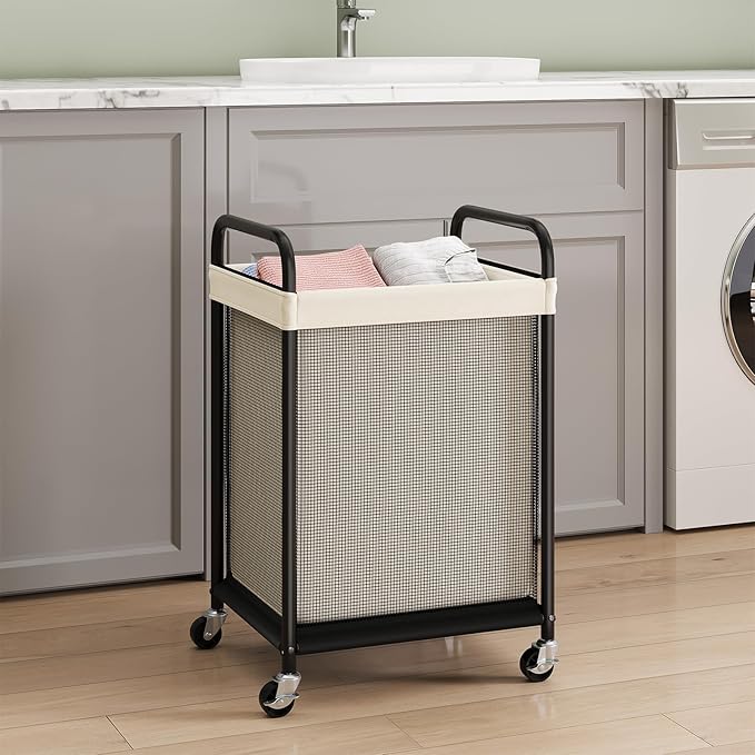 ELYKEN Laundry Basket with Wheels, 80L Rolling Laundry Hamper with Removable Liner Bag, Laundry Sorter with Metal Handle, Clothes Hamper Cart for Laundry Room, Bedroom, Bathroom and Dorm