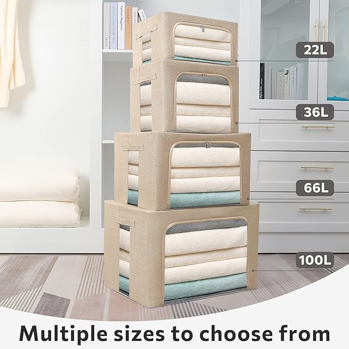 FHSQX 2 Pack Clear Window Storage Bins - Large Stackable Linen Fabric Storage for Clothes Foldable Container Organizer Set with Carrying Handles (Beige, 19.7x 15.7x 12.6 Inch)