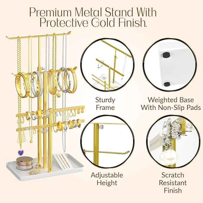 Jewelry Tower Stand Organizer for Women - Elegant Jewelry Holder Display with Necklace Holder, Earring Organizer & Bracelet Rack - Tabletop Jewelry Stand for Dresser, Vanity, Desk