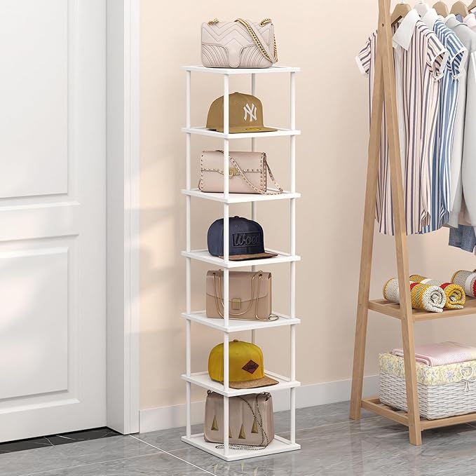 Bamboo Free Standing Shoe Rack Shelf Multi Tier Tall Wooden Stackable Shoes Rack Organizer for Closet Front Door Entrance Narrow Vertical Shoe Storage Rack for Corner Stand (White, 7 Tiers)