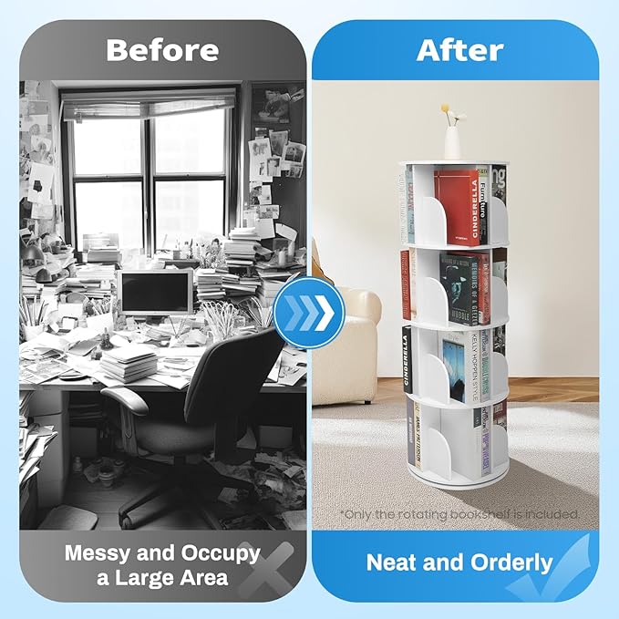 Rotating Bookshelf,360 Display Round Bookshelf,4 Tier Floor Standing Bookcase Storage Rack,Narrow Swivel Book Shelf Organizer for Bedroom,Living Room