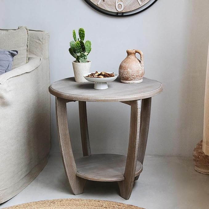 COZAYH Set of 2 Rustic Farmhouse End Tables with Storage Shelf, French Country Modern Round Accent Side Table for Small Spaces, Vintage Grey Finish