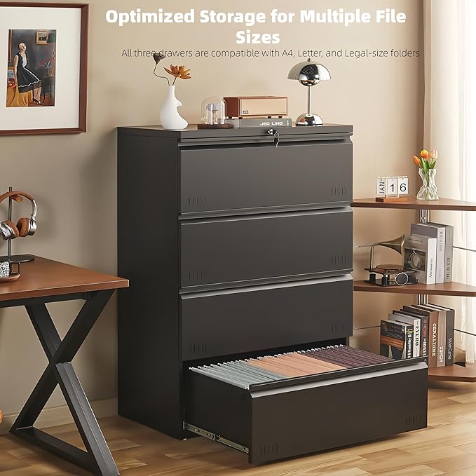 Metal File Cabinet with Lock, 4 Drawer Lateral File Cabinets for Home Office, Heavy Duty Office Storage Cabinet for A4/Letter/Legal Size, Assembly Required(Black)