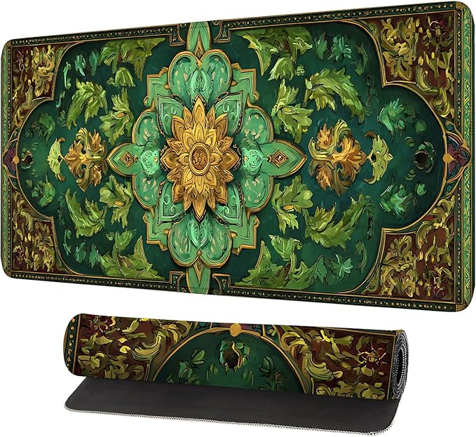 Green Vintage Floral Mouse Pad – Large Extended Desk Mat 31.5 x 11.8 in– Ornate Oriental Carpet Design with Gold & Emerald Motif, Keyboard & Mouse Pad for Office & Home