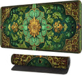 Green Vintage Floral Mouse Pad – Large Extended Desk Mat 31.5 x 11.8 in– Ornate Oriental Carpet Design with Gold & Emerald Motif, Keyboard & Mouse Pad for Office & Home