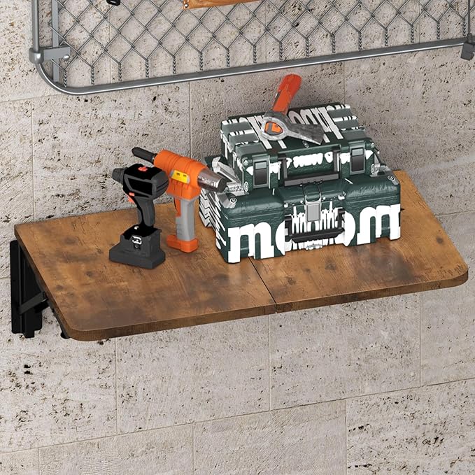 TEAMIX Wall Mounted Folding Table, Rustic Brown Floating Desk for Small Spaces Laundry Shelf with Heavy Duty Brackets Floating Desk for Garage, Utility Room, Kitchen, Laundry Room