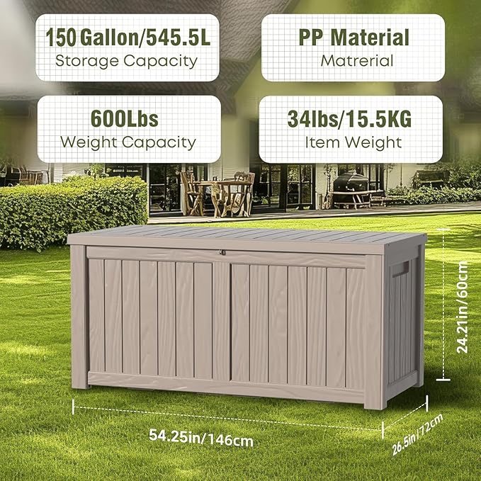 150 Gallon Outdoor Deck Box,Storage Lockable Waterproof Patio Furniture,Garden Tools,Cushions,Pool Accessories Outside Storage Resin Box(Grey)