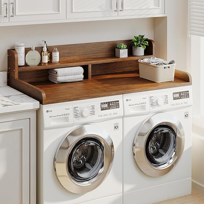 2-Tier Washer Dryer Countertop with 2.75"H Edge Rails, 54" W x 27.55" D Laundry Countertop for Folding Clothes, Washer and Dryer Topper with Non-Slip Pad (Brown)
