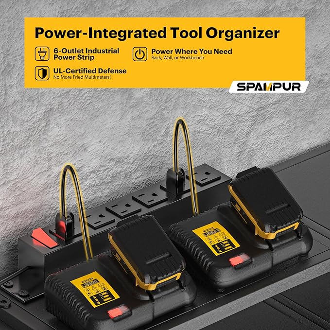 Heavy Duty 4-Tier Power Tool Organizer Wall Mount Rack, Quick Assembly Tool Wall Organizer with 8 Drill Holders & Charging Station, for Garage Workshop Shed Organization - 4 Shelves 8 Slots
