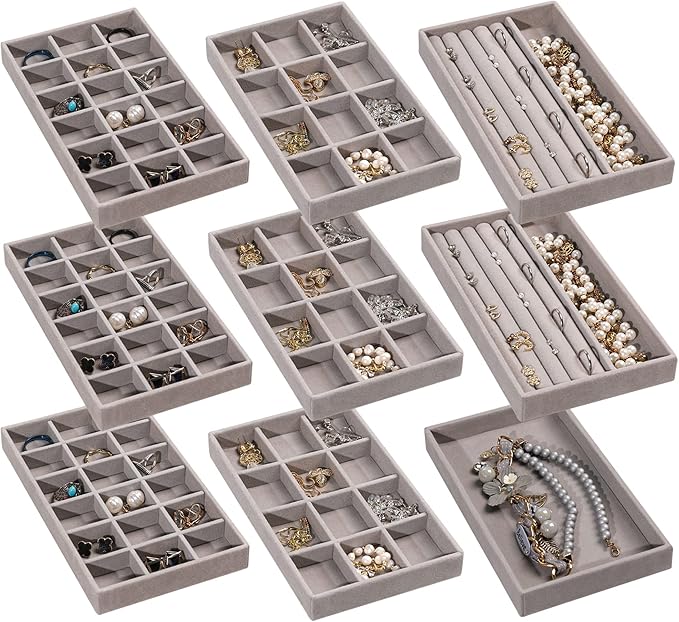 Frebeauty Jewelry Organizer Tray,Stackable Velvet Jewelry Trays,Drawer Inserts Earring Organizer For Women Jewelry Storage Display Case for Rings Stud Necklaces,Set of 9(Grey)