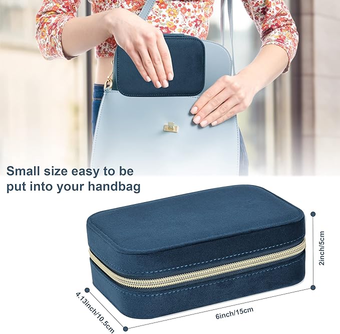 Dajasan Velvet Jewelry Travel Case, Small Travel Jewelry Box, Portable Travel Jewelry Organizer Box for Earrings Bracelets Rings Necklace (Blue)