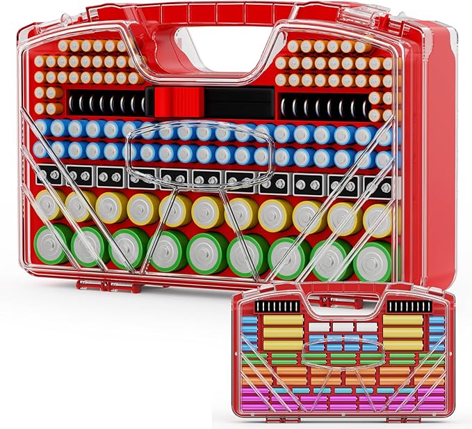 Battery Organizer Storage Holder Box Case with Tester, Stores & Protects Up to 285+ Batteries, Double-Sided and Durable Design,Holds AA AAA 4A C D Cell 9V 3V Lithium LR44 CR2 CR123 (Red)