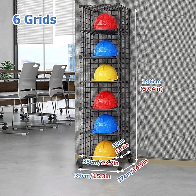 Stackable Safety Helmet Storage Boxes, Large Adjustable Hard Hat Placement Organizer Rack,with Wheels,for Construction Site/Garage/Workshop/Factory Helmet Display Shelf (Black, 6 Grids-1 * 6)