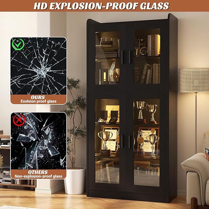 Unikito Display Cabinet with Glass Doors, 67" Tall Bookcase with LED Lights, Glass Display Case with 5-Tier Storage Shelves, Curio Cabinet for Collectibles Bedroom Living Room Office, Black Bookshelf