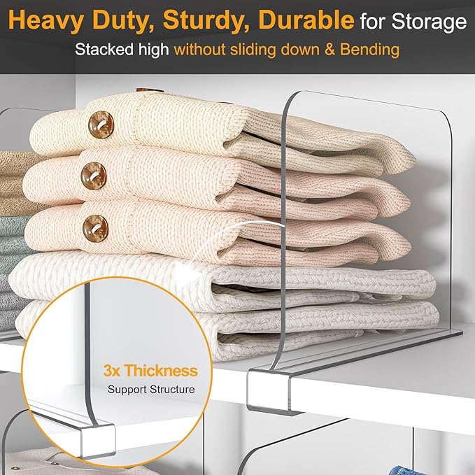 Purse Organizer for Closet Shelf Dividers: 8" Tall X 12" Deep, Acrylic Clear Closet Shelf Divider, Bag Storage for Clothes Sweater, Vertical Separators for Wood Cabinet, Handbag Organization, 12 Pack