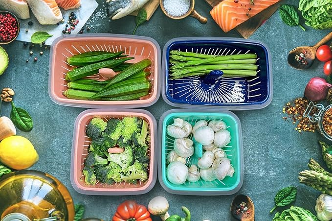 68oz Berry Keeper Fruit Storage Container for Fridge, Fresh Food Produce Saver Containers with Removable Drain Colanders, Vegetable Lettuce Keeper Bowl, Refrigerator Organizer, PRESS TO OPEN CLOSE LID