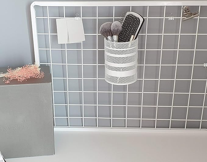 Metal Hook Wall Mounted Pen Pencil Holder, Office Desk Organizer with Hook for Hanging on Wire Mesh Wall Grid Panel (White, Large)