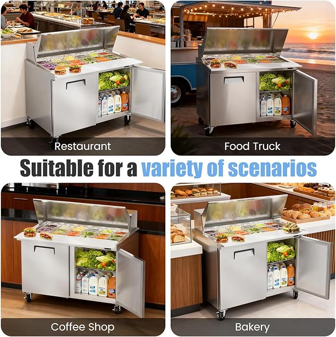 48" W Commercial Refrigerator Sandwich Salad Prep Table, Stainless Steel 2-Door Sandwich Prep Table Refrigerator, Counter Fan Cooling Refrigerator with 18 Pans for Restaurant, Bar