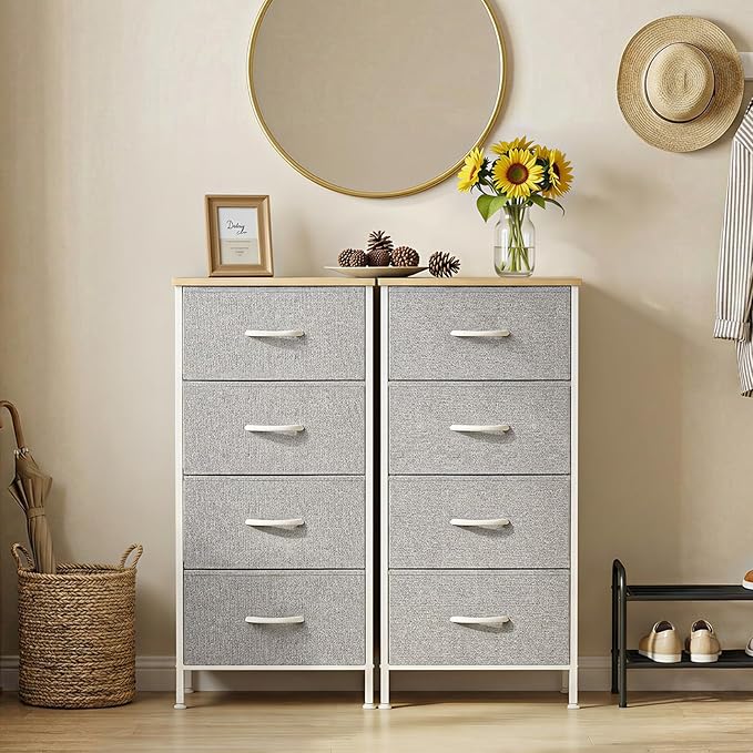 Sweetcrispy Nightstand Small Bedroom Dresser with 4 Fabric Drawers,Bed Side Furniture End Table,Wooden Top Cabinet Night Stand Dresser for Closet,Entryway,Dorm,Light Gray
