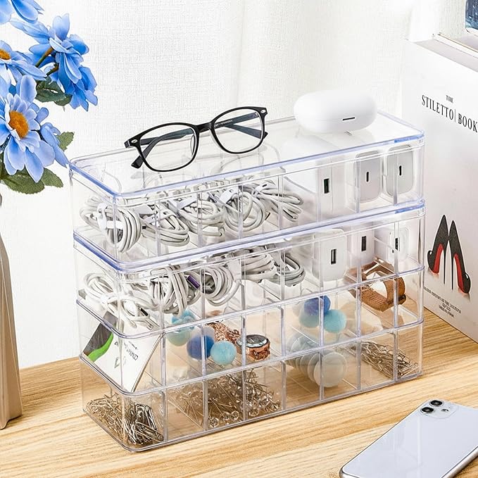 Tatuo 8 Pcs Cable Organizer Box with Wire Ties, Plastic Cord Storage Box with Lid, Electronics Organizer for Home Office Desk Organizers and Accessories (Clear)