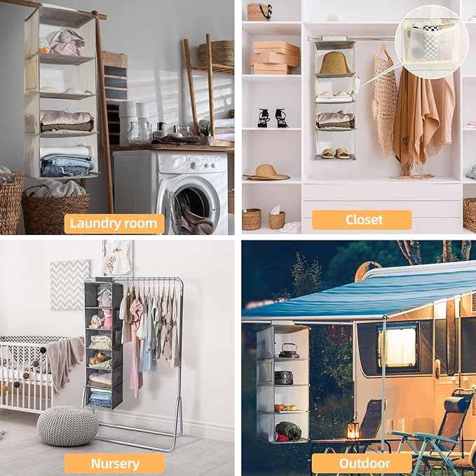 2 Packs Hanging Closet Organizer Stroage, 3-Shelf Hanging Shelves with Bamboo Inserts & Side Pocket, Grey