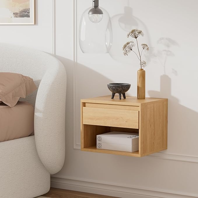 Mid Century Modern Floating Nightstand, Wall Mounted End Table with Drawer and Open Compartment Wooden Bedside Night Stand Small Storage Cabinet for Bedroom, Natural Oak