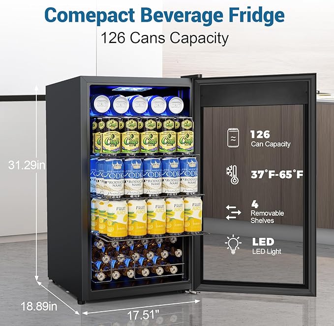 Mini Fridge 3.2 Cu.Ft Small Beverage Refrigerator 126 Can Lockable Drink Cooler with Glass Door, Safety Lock, for Beer Soda Black