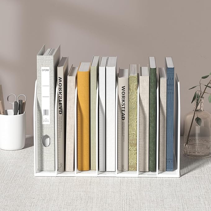 Metal 7 Section File Folder Organizer for Desk | Vertical Office File Holder | Heavy-Duty Mesh Document Sorter for Books, Binders, Laptops | Desk Organizer,7 Sections White