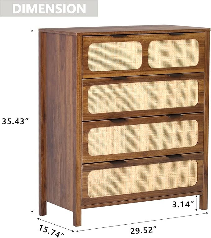 4 Drawer Dresser with Rattan Finish, Modern Farmhouse Chest of Drawers with Metal Handles, Accent Wood Storage Cabinet for Bedroom, Living Room (Walnut-4 Drawers)
