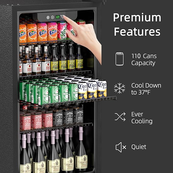 Beverage Refrigerator and Cooler, 110 Can/3.1 Cu Ft Mini Fridge with Glass Door, Adjustable Shelves for Soda,Bee,Wine, Free Standing Small Refrigerator, Digital Display, for Home, Bar, Office