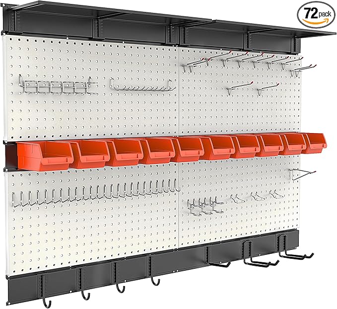 Ultrawall Pegboard Wall Organizer, 48 X 36 inch Garage Storage Pegboard with Hooks Storage Bins Tool Board Panel Tool Organizer, 72pcs